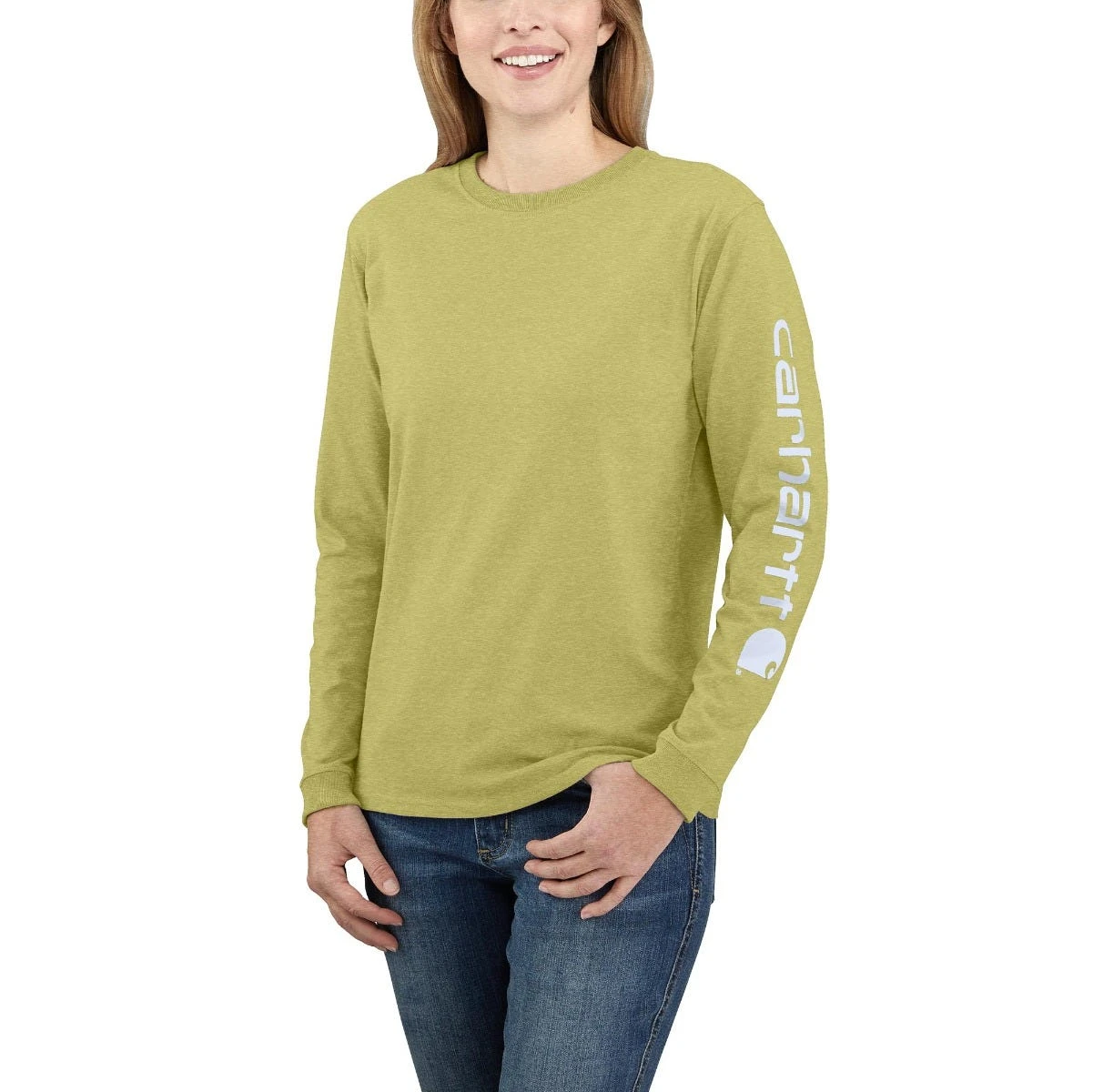Carhartt Shirts: Women's 103401 GB9 Green Olive Heather Loose Fit Heavy Weight Long Sleeve Graphic T-Shirt 3 Carhartt Shirts: Women's 103401 GB9 Green Olive Heather Loose Fit Heavy Weight Long Sleeve Graphic T-Shirt
