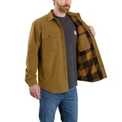 Carhartt Shirts: Men's 105419 B33 Oak Brown Rugged Flex Canvas Fleece-Lined Shirt Jacket -Carhartt 105419 b33 ail mf22 b