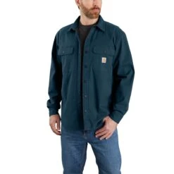 Carhartt Shirts: Men's 105419 H69 Night Blue Rugged Flex Canvas Fleece-Lined Shirt Jacket