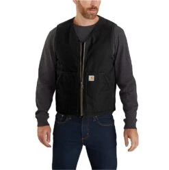 Carhartt Vests: Men's 104394 BLK Black Relaxed Fit Washed Duck Sherpa-Lined Vest