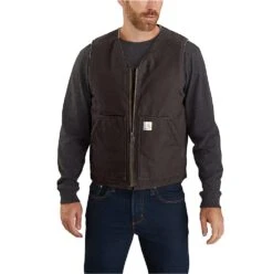 Carhartt Vests: Men's 104394 DKB Dark Brown Relaxed Fit Washed Duck Sherpa-Lined Vest