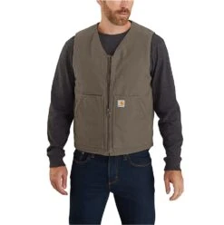 Carhartt Vests: Men's 104394 DWD Driftwood Relaxed Fit Washed Duck Sherpa-Lined Vest