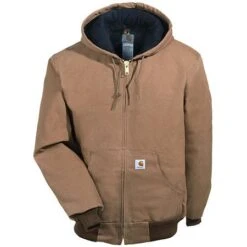 Carhartt Jackets: Men's J140 BRN Brown Flannel Lined USA Made Hooded Active Jacket -Carhartt j140brn carharttf 01