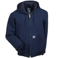 Carhartt Jackets: Men's J140 DNY Navy Hooded USA Made Flannel Lined Active Jacket -Carhartt j140dny carharttf 01