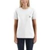 Carhartt Women's Shirt: WK87 103067 100 White Short Sleeve Pocket Loose Fit Tshirt -Carhartt new103067100